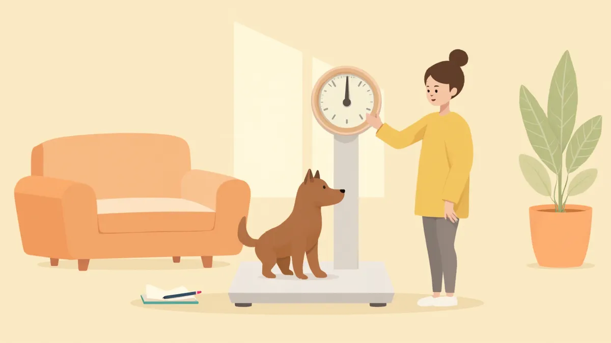 집에서 강아지 체중을 재고 기록하는 보호자