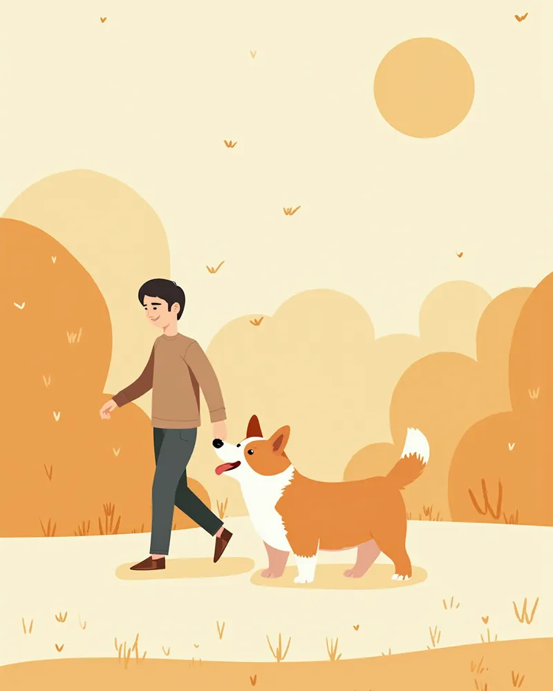 보호자와 함께 평지 산책하는 웰시코기