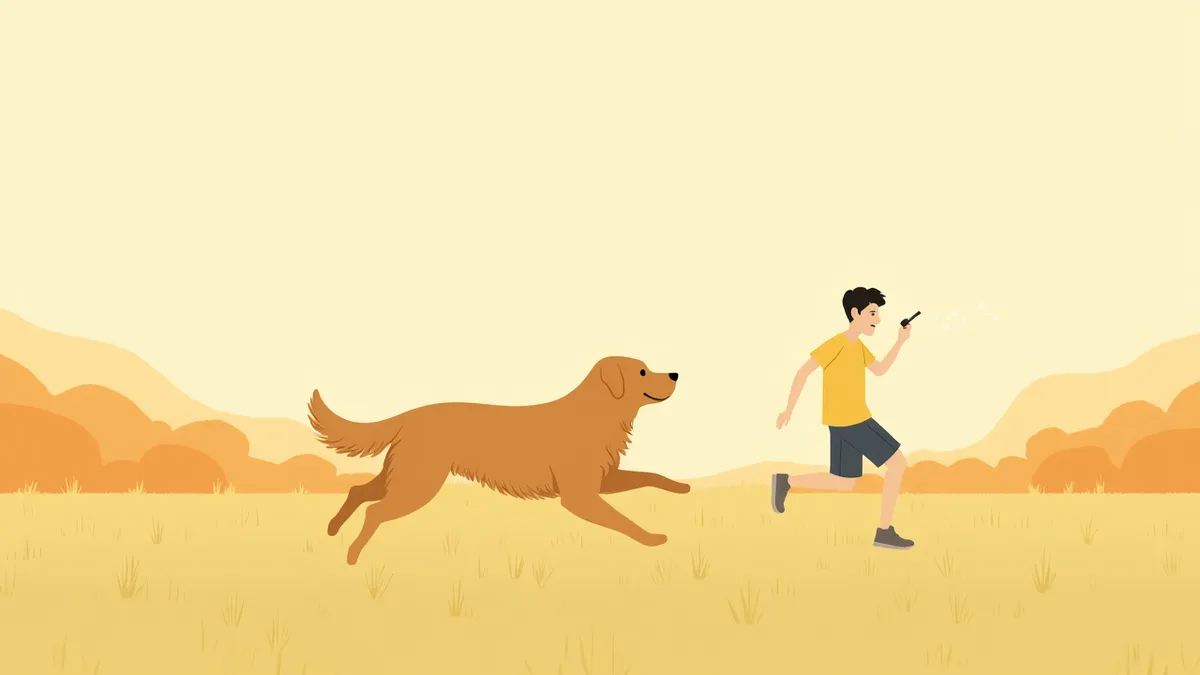 잔디밭에서 호각 소리에 반응해 보호자에게 달려오는 리트리버