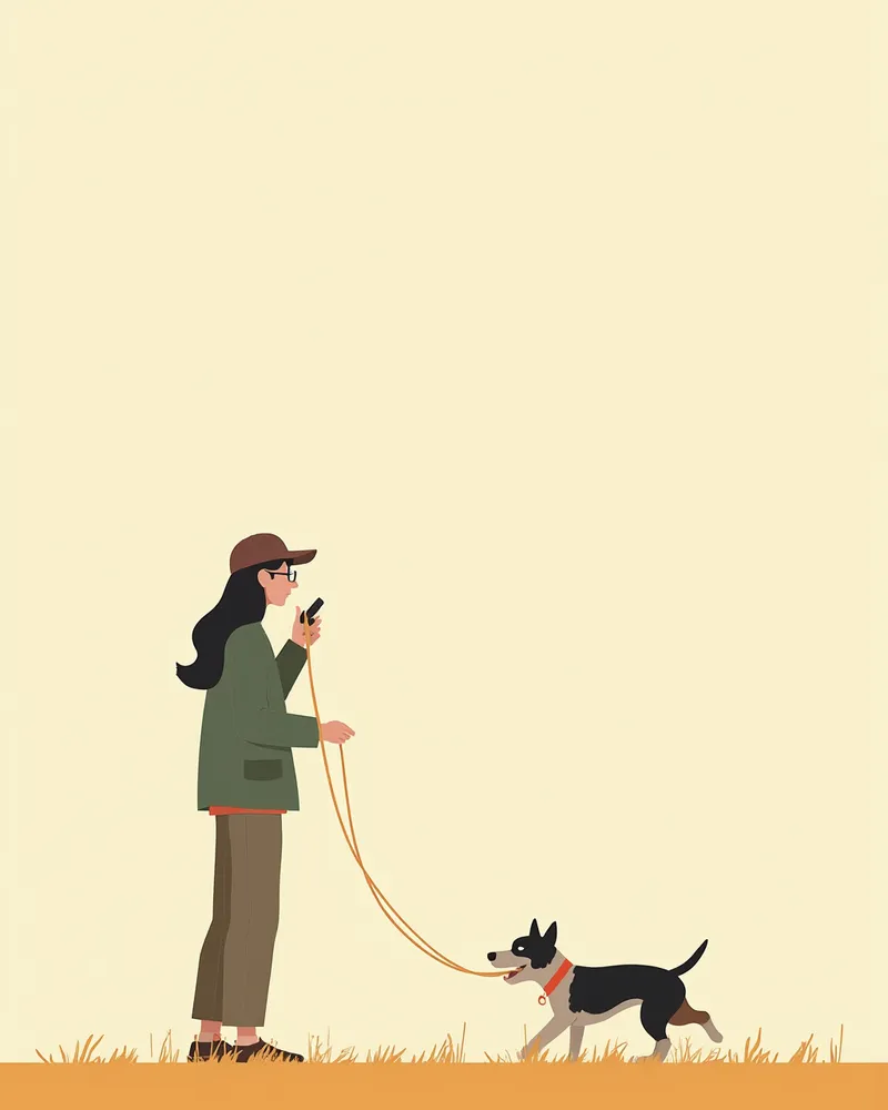 보호자가 리드줄을 잡고 호각으로 강아지를 부르는 훈련 장면