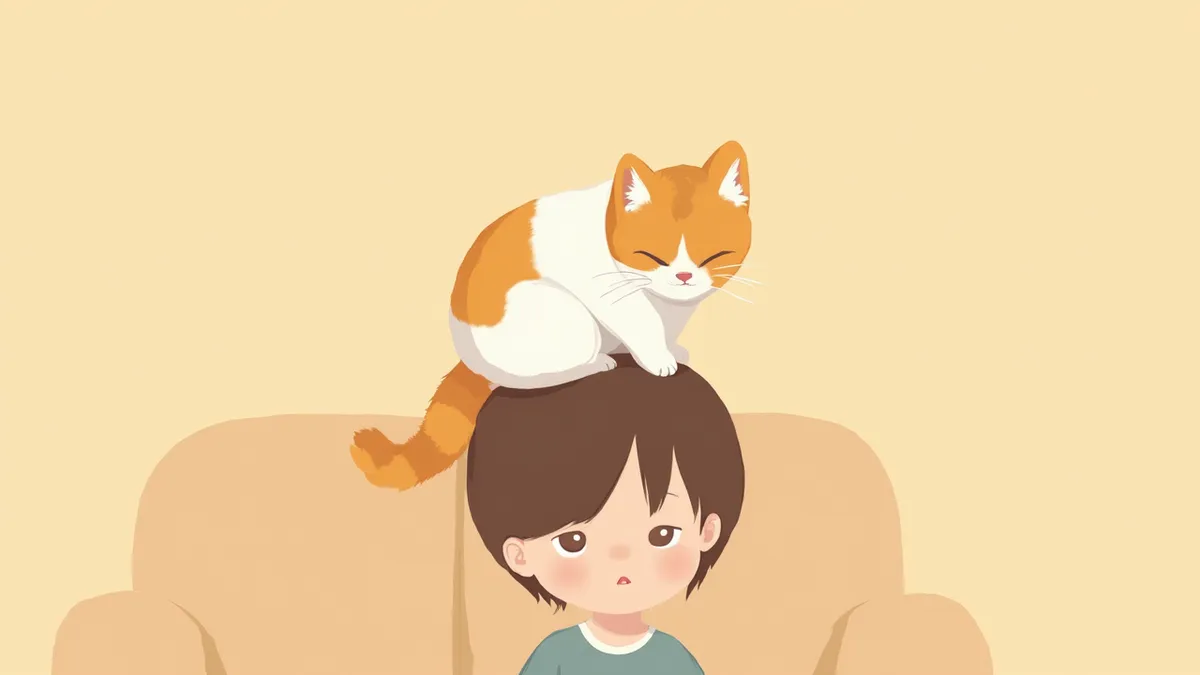 보호자 머리 위에 앉아 핥아주는 고양이