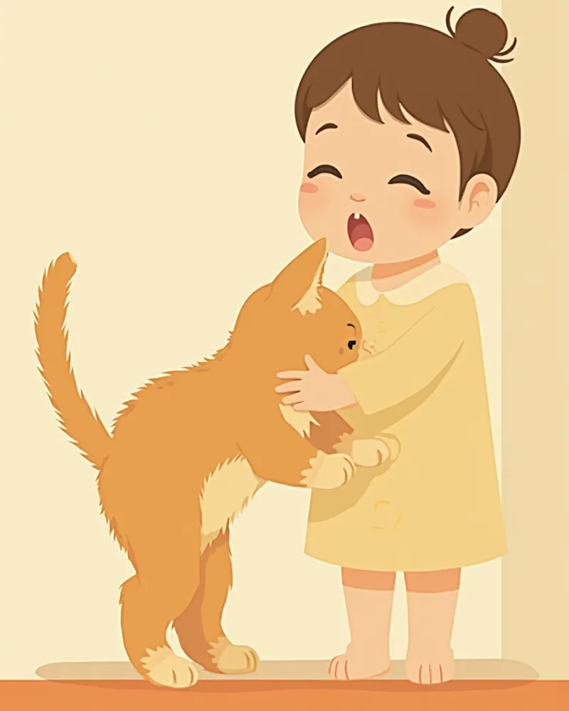 사람 머리카락 냄새를 맡는 고양이