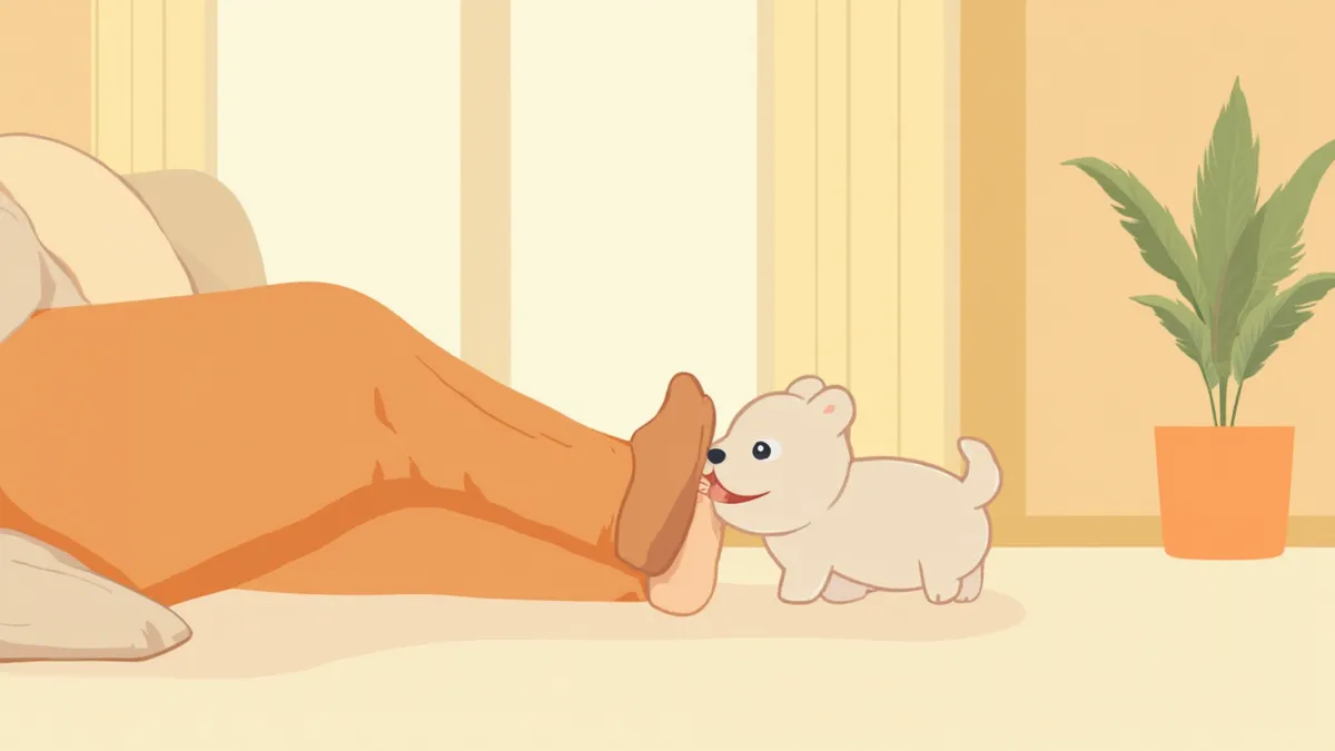 집에서 보호자의 발을 부드럽게 핥고 있는 소형견