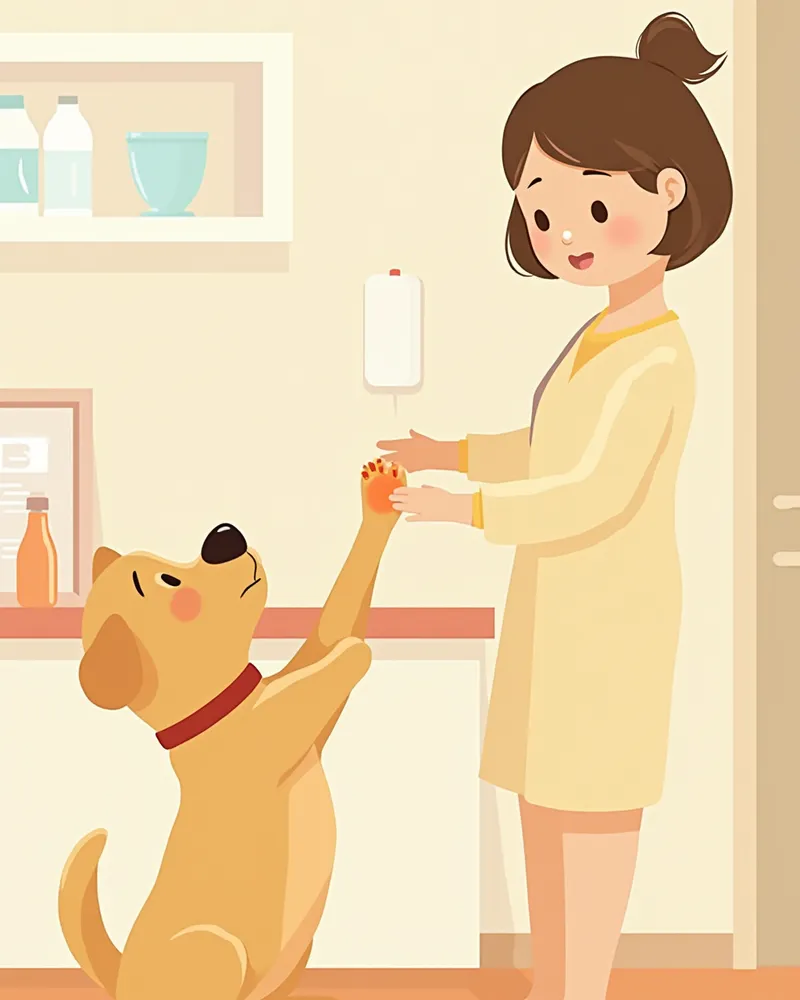 수의사가 강아지의 발가락 사이를 진찰하는 모습