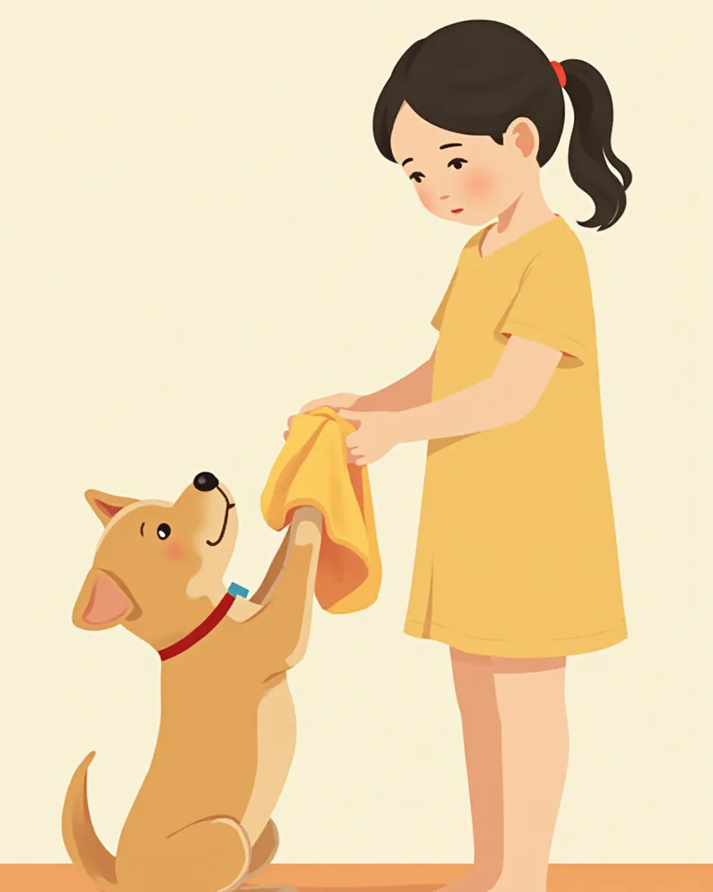 산책 후 강아지의 발을 부드럽게 닦아주는 보호자