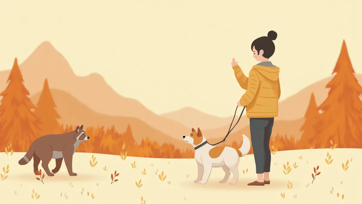 산길에서 너구리를 발견하고 반려견을 보호하는 보호자