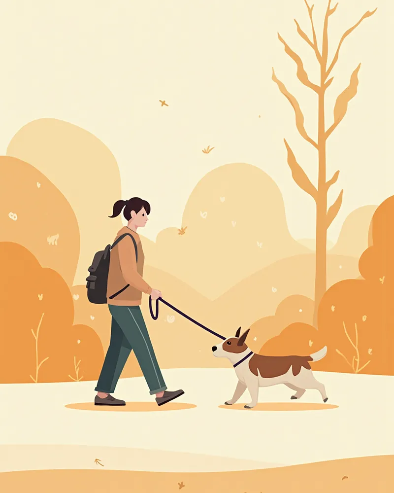 낮 시간 리드줄을 착용하고 안전하게 산책하는 반려견과 보호자