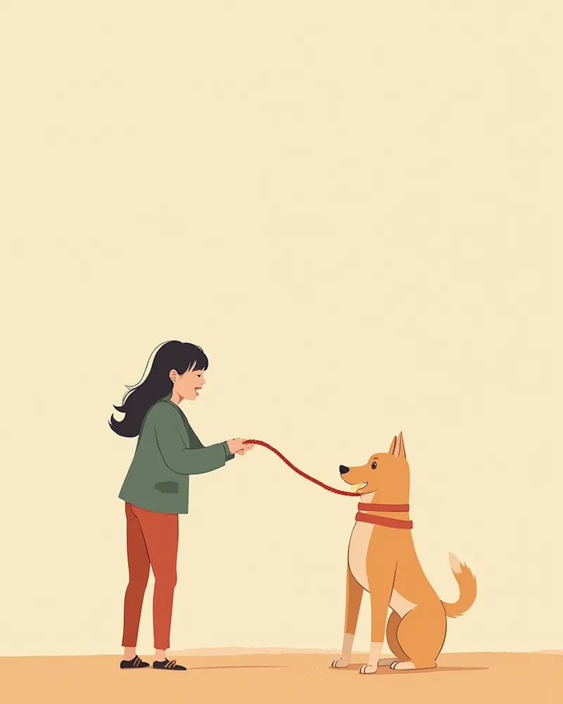 거실에서 보호자와 터그 놀이 하는 강아지