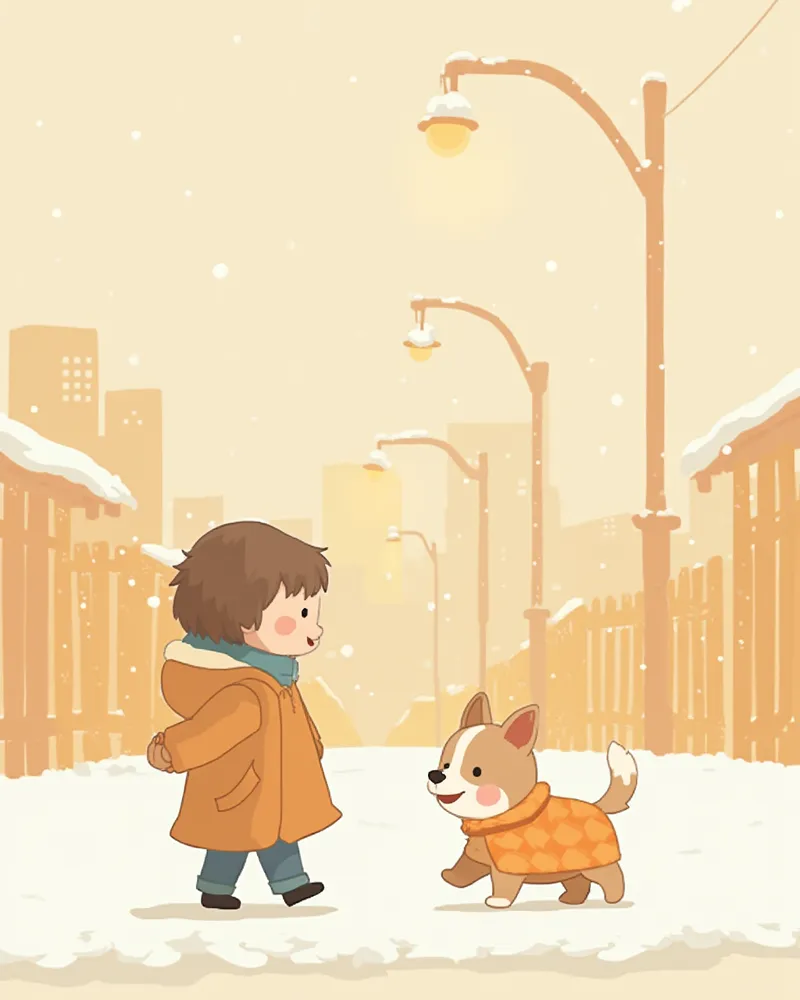 방한 조끼를 입고 겨울 산책 중인 강아지