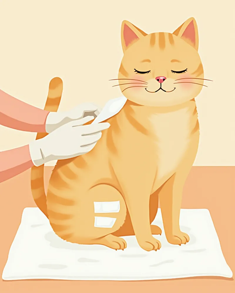 장갑을 낀 손으로 고양이 뒷다리의 거즈를 조심스럽게 제거하는 모습