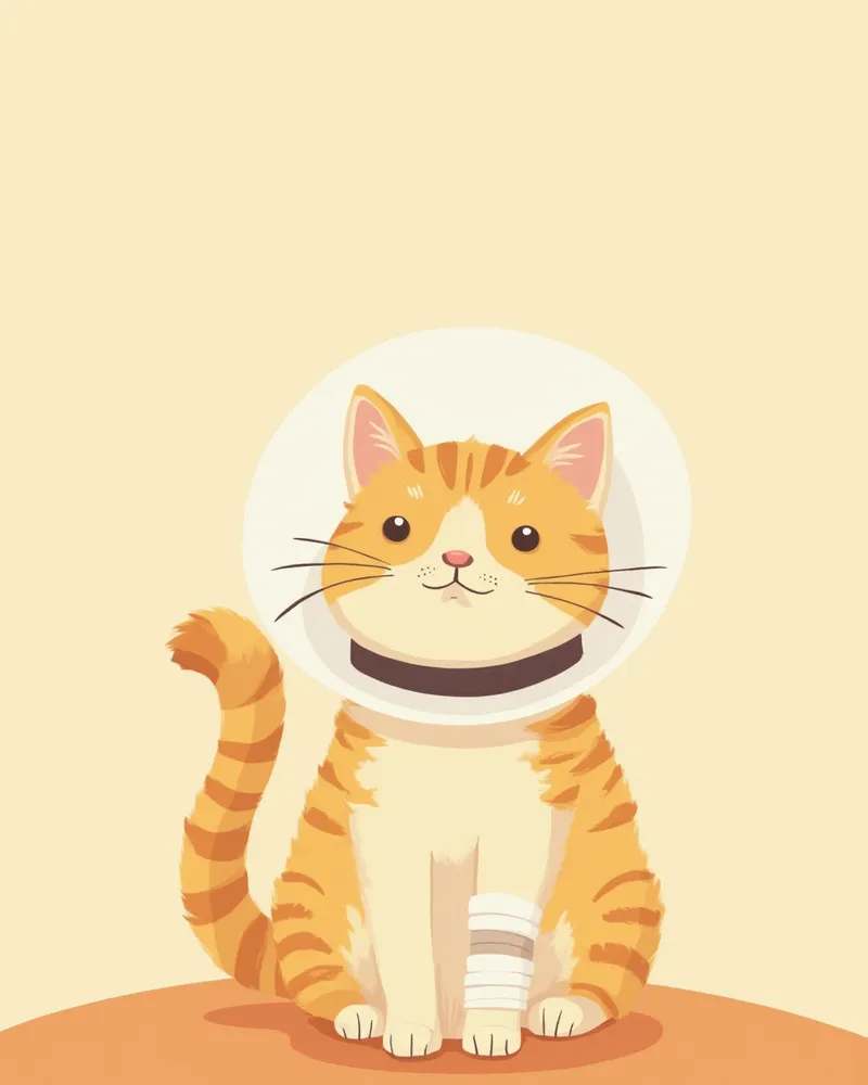 넥카라를 착용한 고양이가 붕대 감은 앞발 옆에 앉아 있는 모습