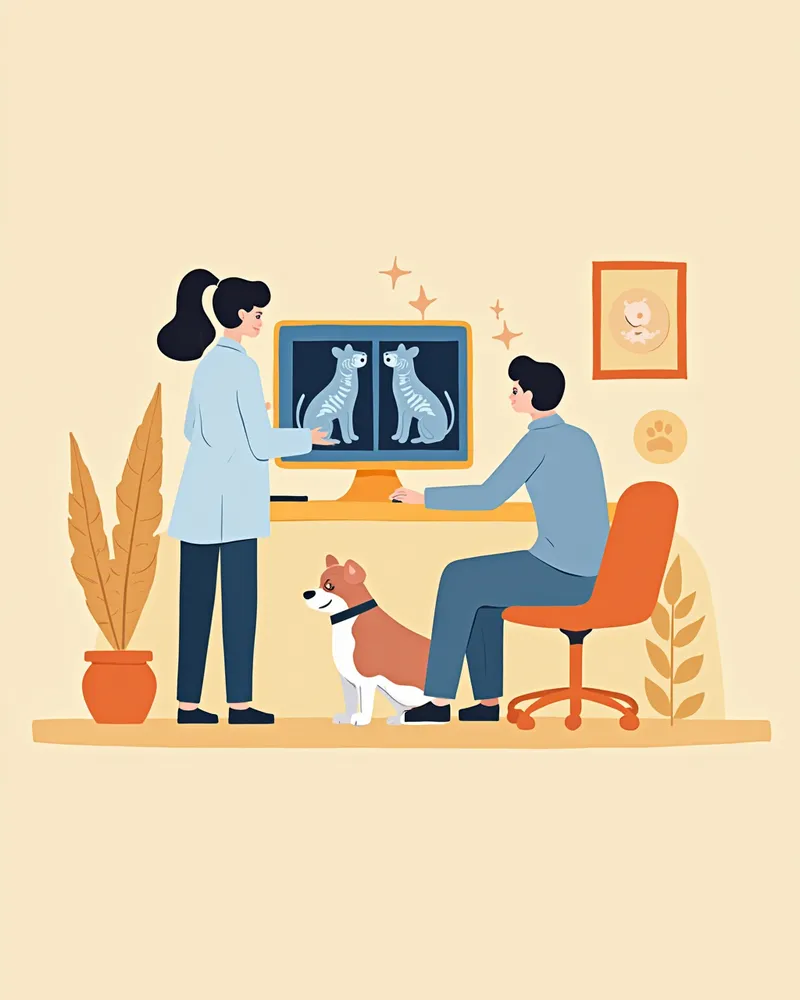 수의사가 여러 엑스레이 영상을 체계적으로 분석하는 모습