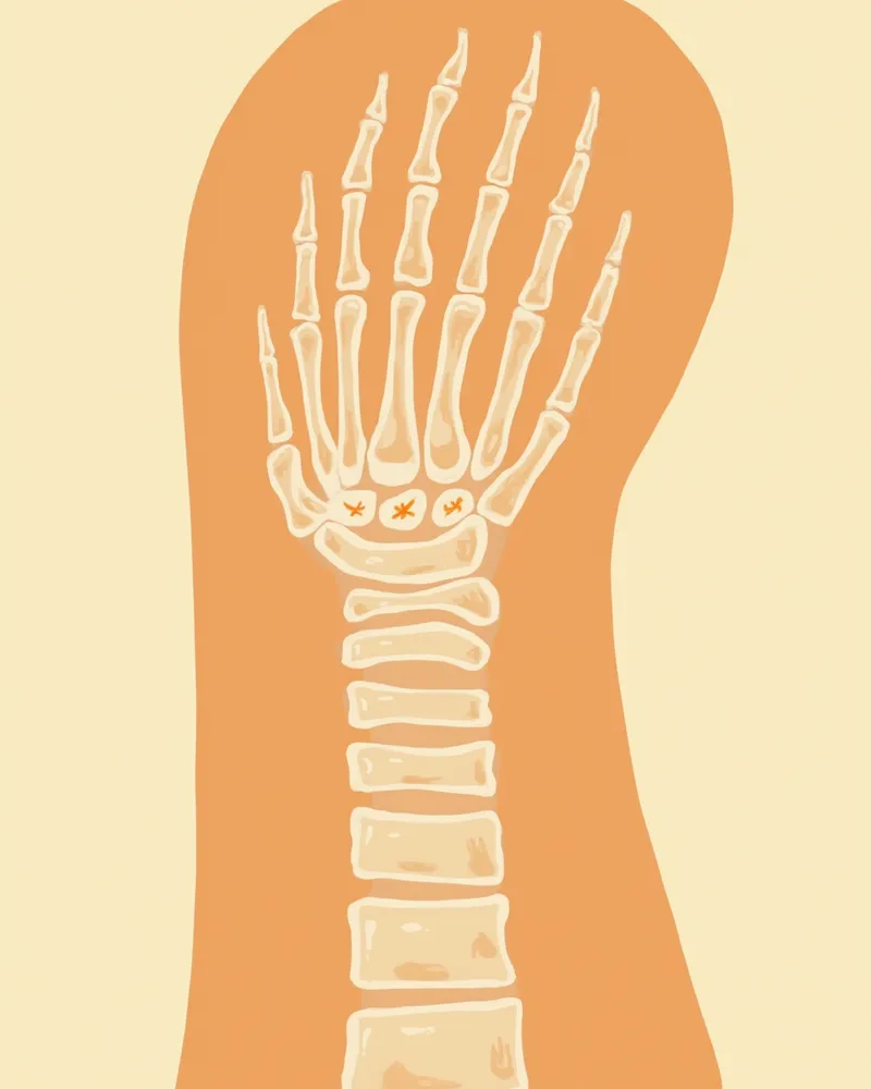 엑스레이 영상에서 뼈와 연조직의 음영 차이가 보이는 모습