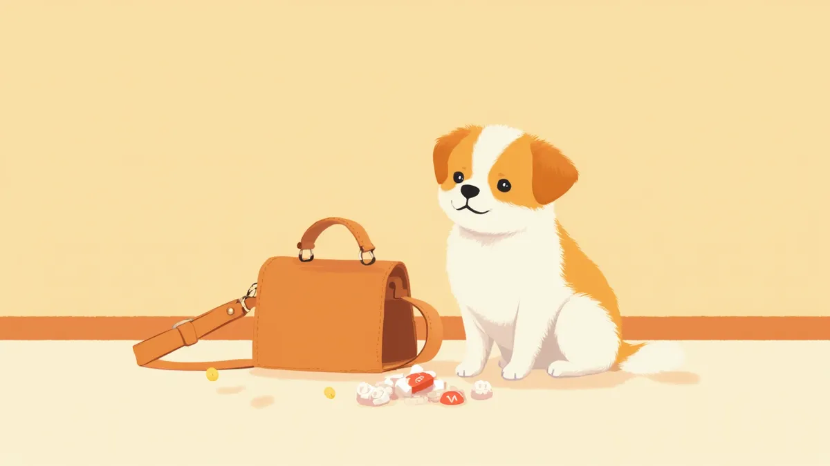 핸드백에서 쏟아진 껌 옆에 앉아 있는 소형견