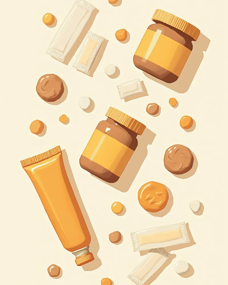 자일리톨이 포함된 다양한 제품들 - 껌, 치약, 땅콩버터, 사탕