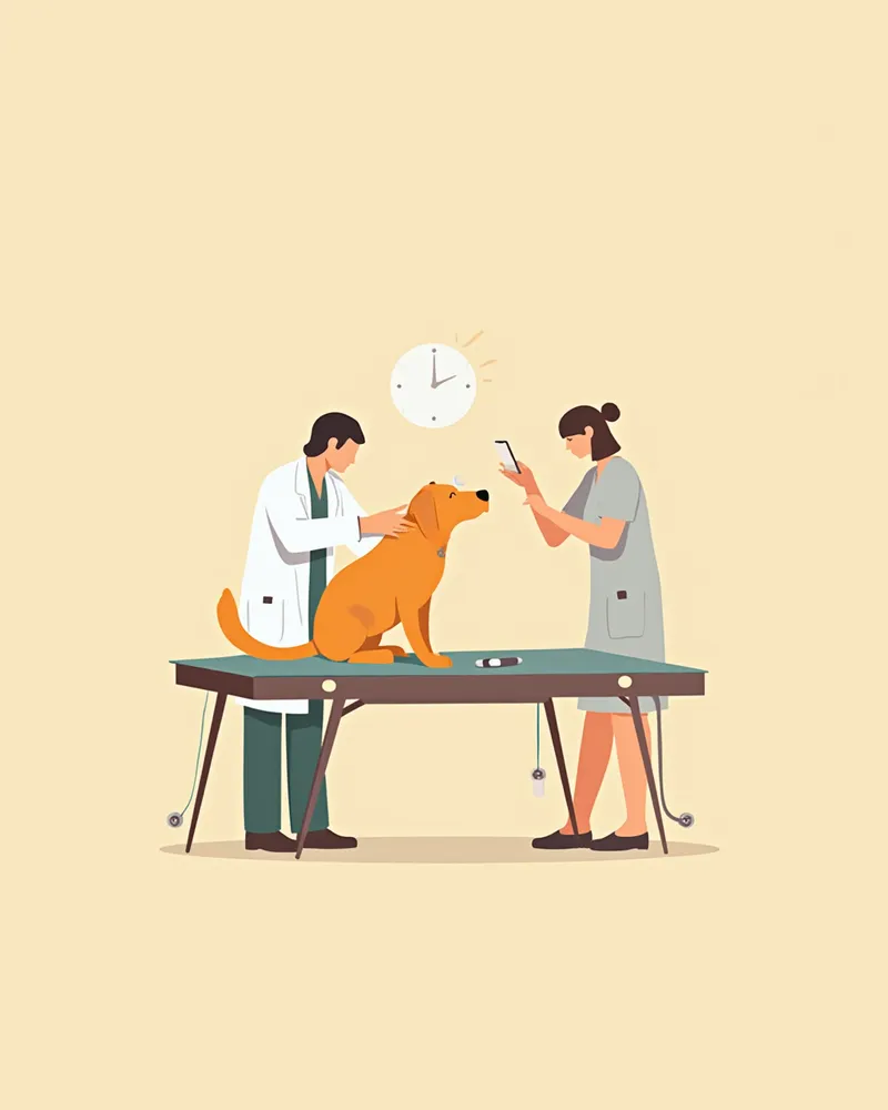 동물병원에서 기력이 없는 소형견을 진찰하는 수의사