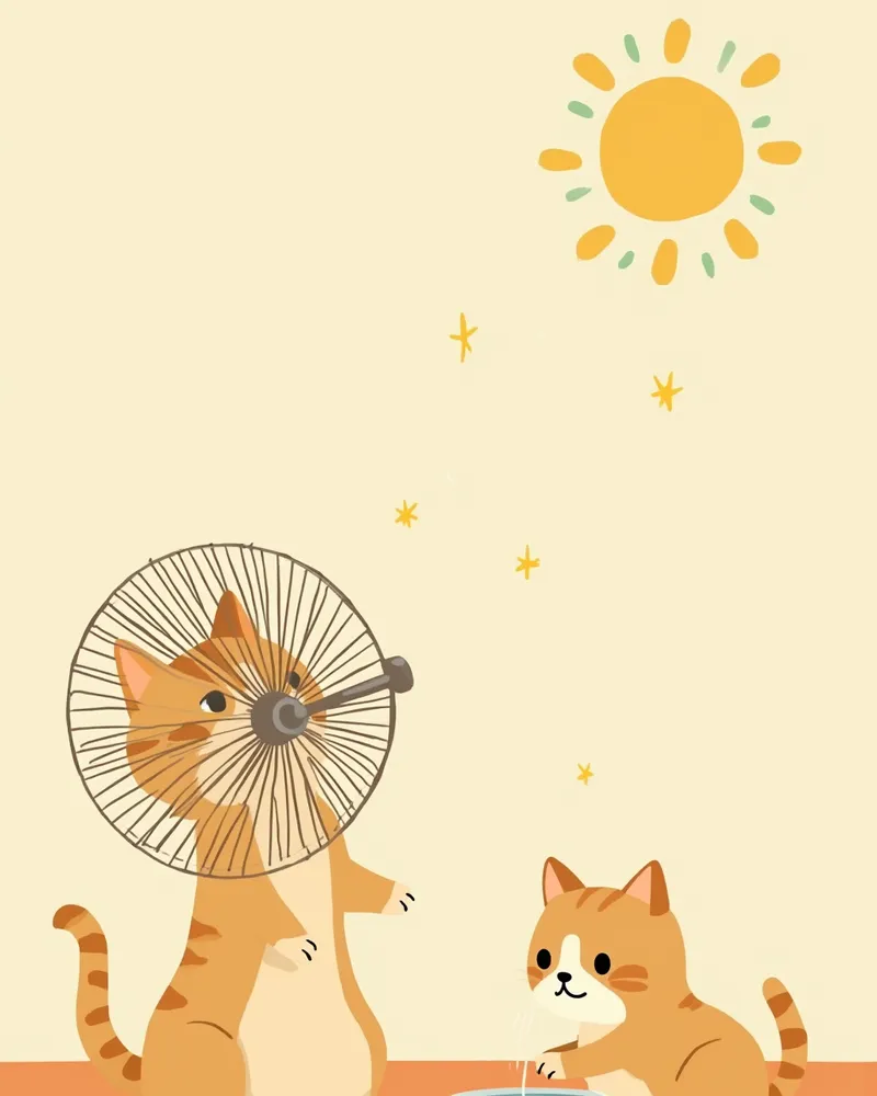 여름철 실내에서 더위를 피하는 반려묘와 물을 마시는 반려견 일러스트