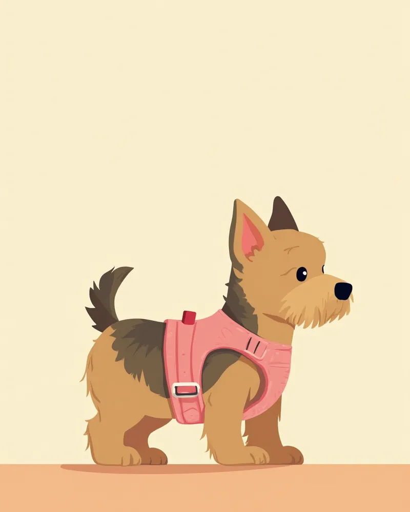 분홍색 가슴줄을 착용하고 산책하는 요크셔테리어