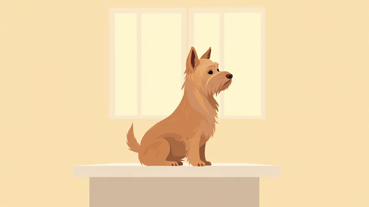 그루밍 테이블 위에 앉아 있는 요크셔테리어