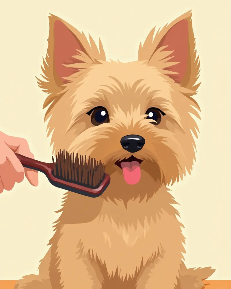 핀 브러시로 빗질 받고 있는 요크셔테리어의 실크털 클로즈업