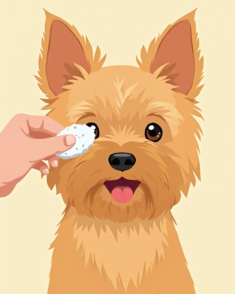 요크셔테리어의 눈 주변과 귀를 부드럽게 닦아주는 모습