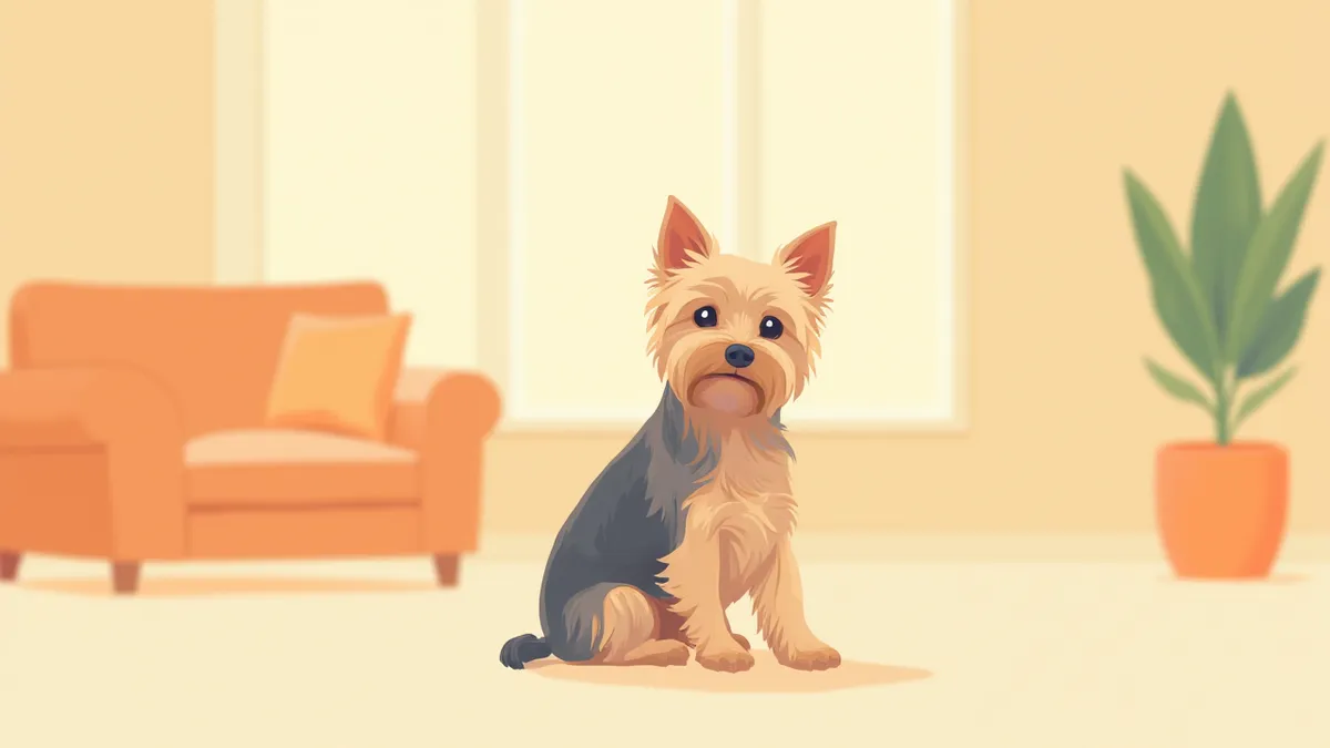 거실에 앉아 카메라를 바라보는 건강한 요크셔테리어