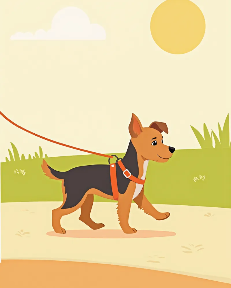 하네스를 착용하고 공원에서 산책하는 요크셔테리어