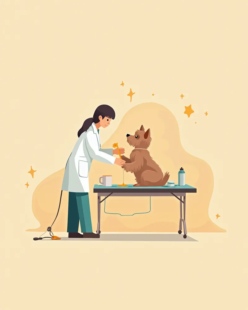 수의사가 요크셔테리어의 뒷다리 관절을 검진하는 모습